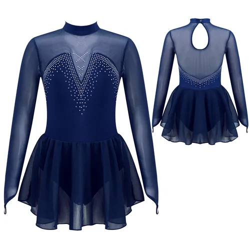 Imagen 2 del producto Vestido de patinaje artístico con diamantes de imitación para niñas, Ballet, danza, gimnasia artística, leotardo, tutú, Ropa de baile de malla transparente para puesta en escena
