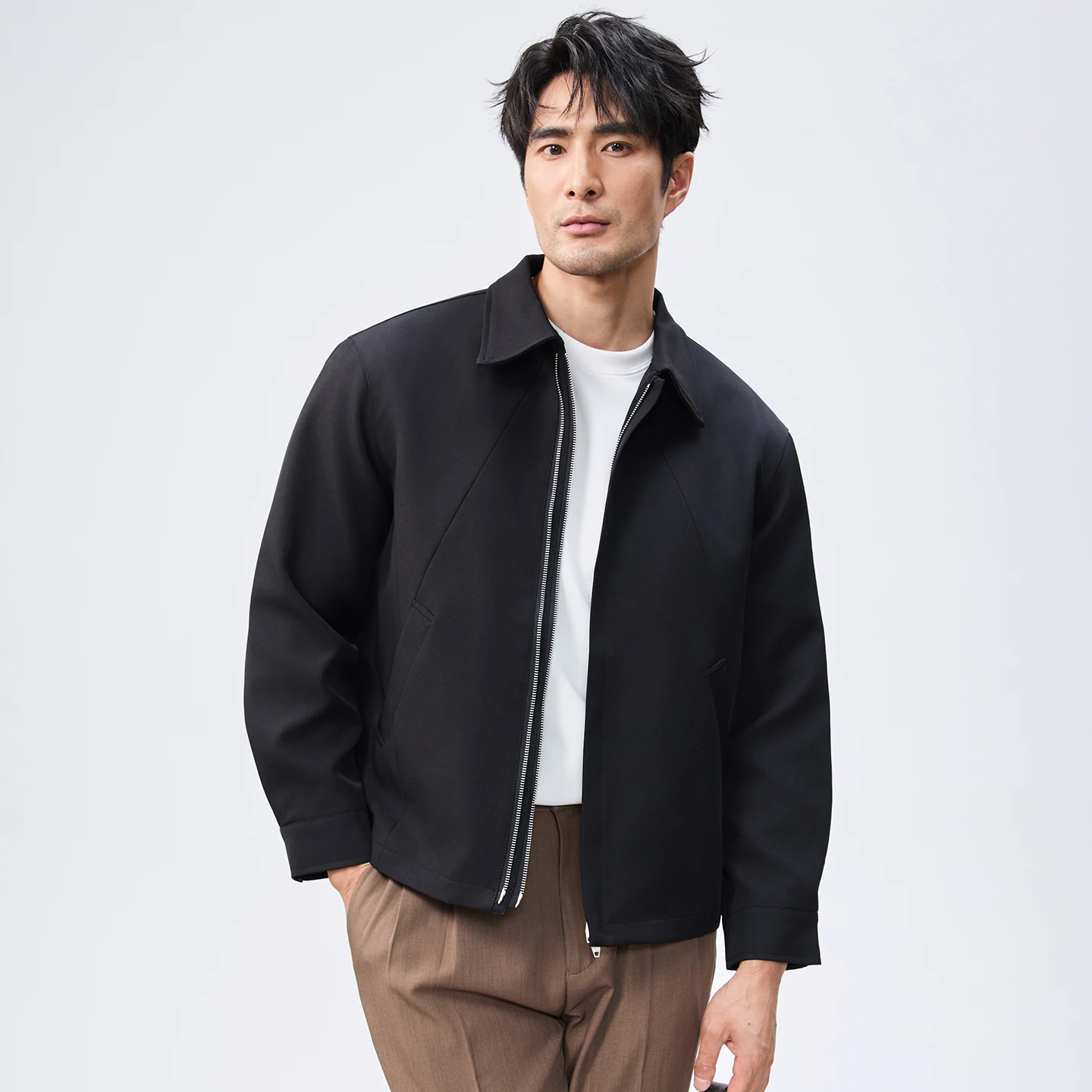 

Осенняя куртка с силуэтом лацканов 2024, мужская модная повседневная деловая короткая куртка с двойной молнией, офисная ветрозащитная ветровка