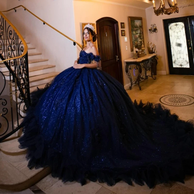 

Navy Blue Shiny Quinceanera Dresses Off The Shoulder Applique Beading Crystal Tiered Tull Party Birthday Sweet 16 Dress Vestidos