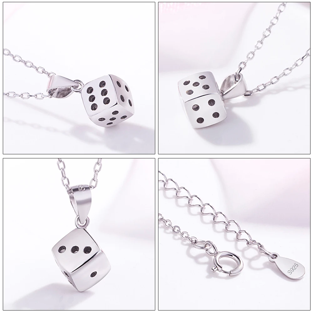 925 Sterling Silver Lucky Square Dice Pendants Cube Charm Choker Necklace for Women Men Jewelry gift