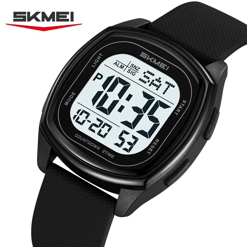 SKMEI 2541 Men's Digital Watch Square Case with Elegant Gold Detailing Silica Gel Band 50M Water Resistant LED Light Countdown