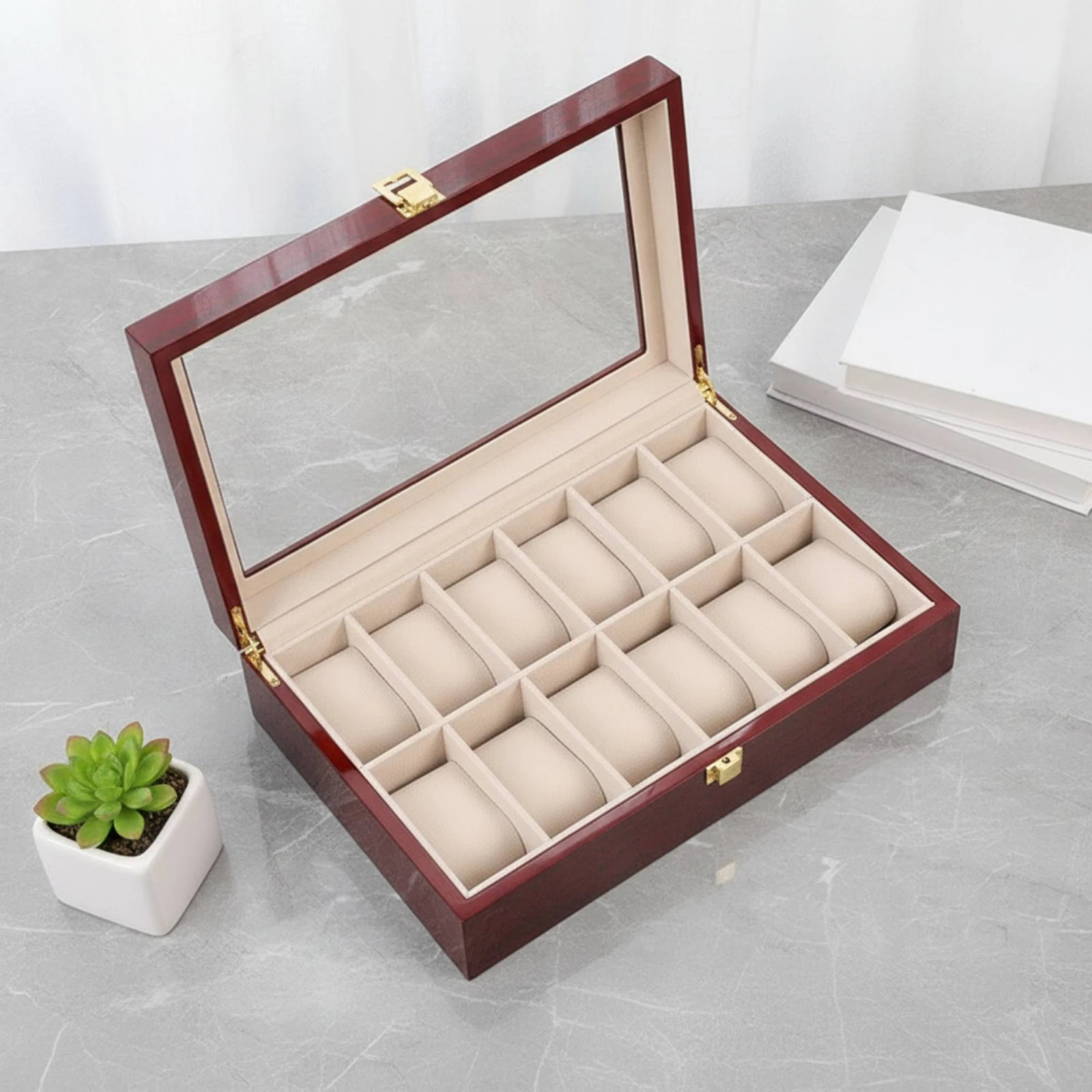 Watch Storage Box with Glass Window Solid Wood Watch Display Case with Glass Lid Transparent Dust-Proof for Men, Dresser