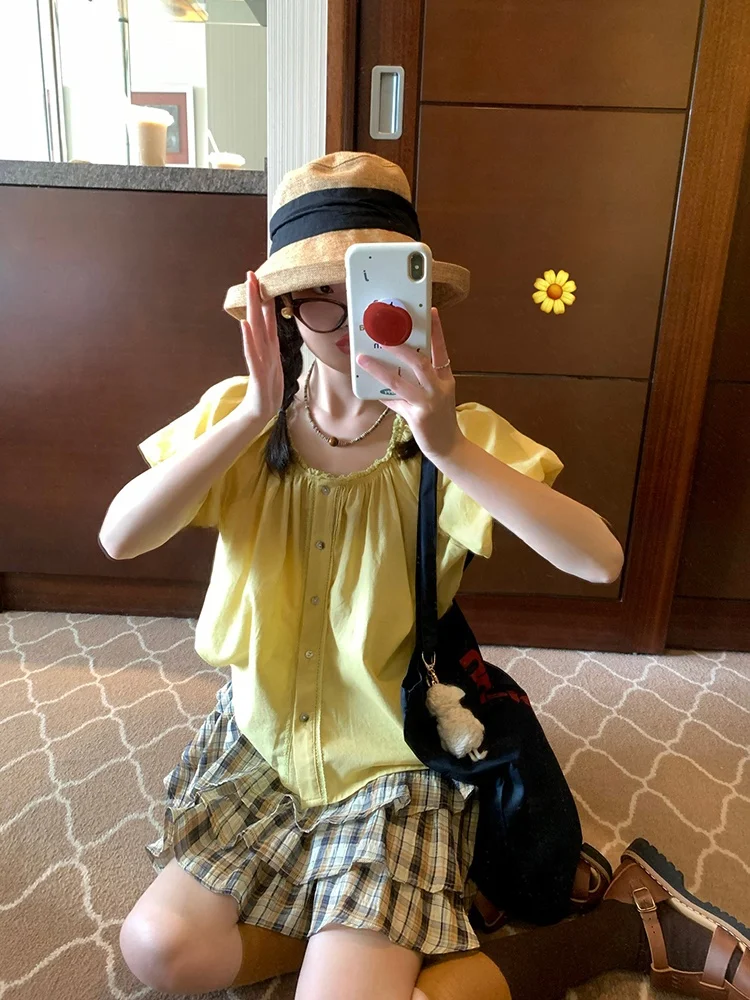 

Fufufun Mango Yogurt Japanese Sle oulder Insert Lantern Sve round Ne Gathered Cotton Linen Blend irt with Lace Trim