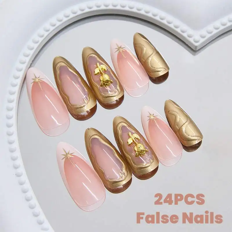

24 шт., накладные ногти с золотыми розами, французским миндалем, ретро, нерегулярная рябь, с золотыми звездами, бриллиантами, накладные ногти, носимые французские типсы для ногтей