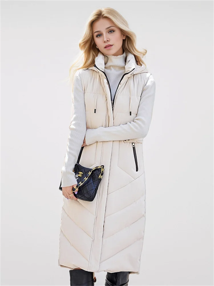 Fall-Winter 2024 New Women\'s Jacket With Long Cotton Waistcoat Vogue Over-The-Knee Hooded Padded Sleeveless Vest Warm Coats