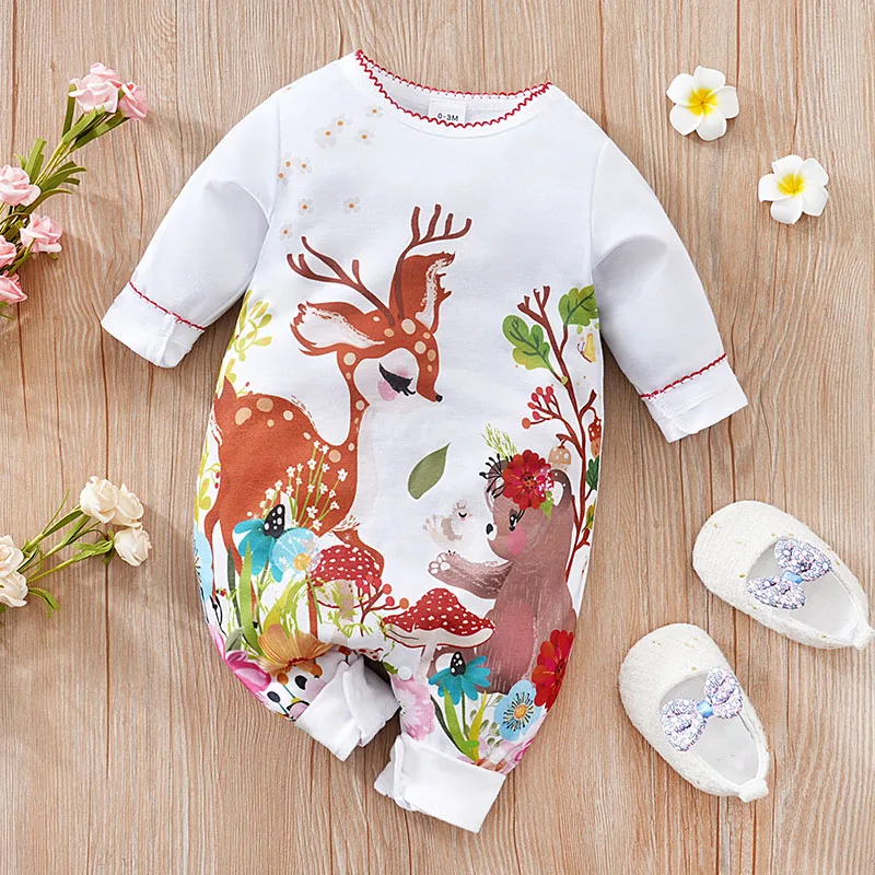 Spring And Autumn Newborn Boys And Girls Cute Cartoon Animal Print Comfortable Long Sleeved Baby Bodysuit