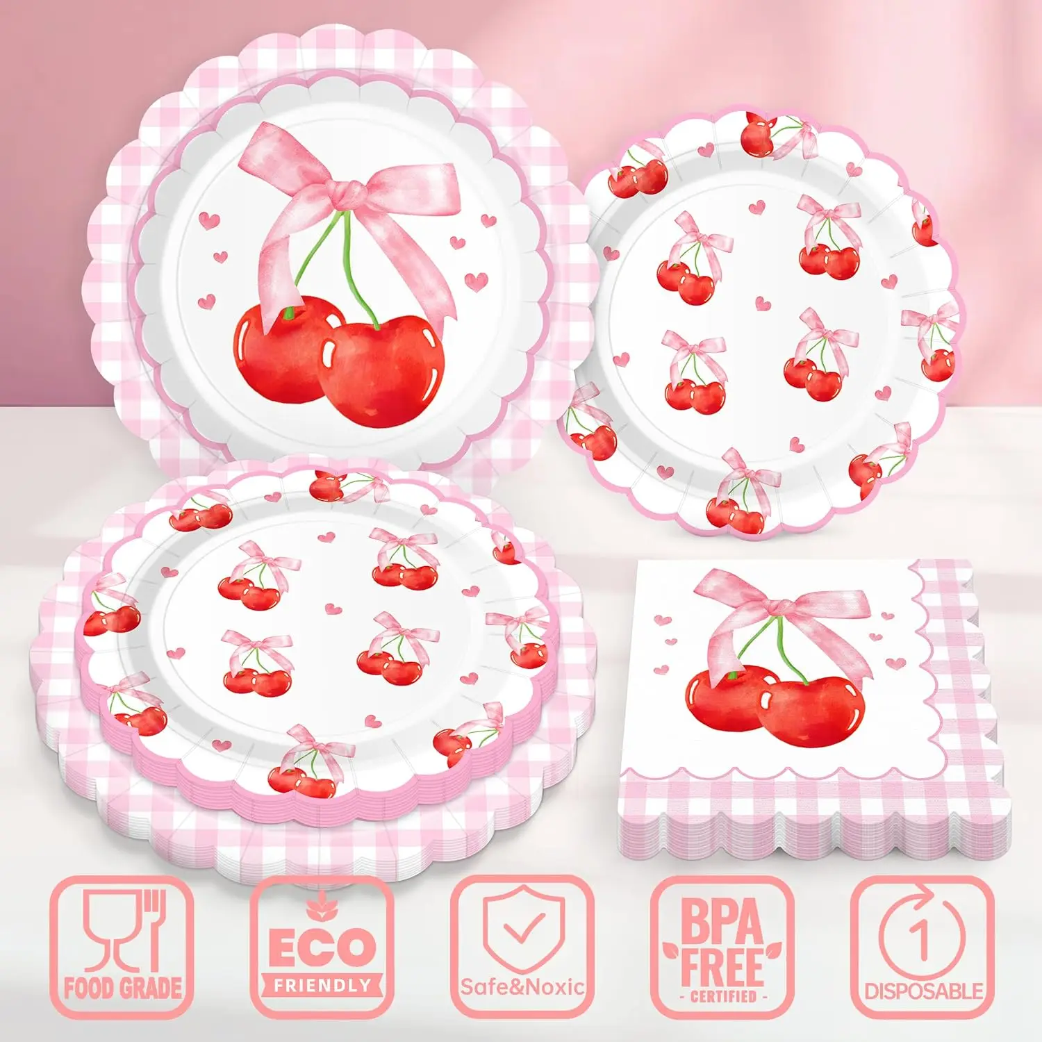 Cherry Cumpleaños Decoración Dulce Cereza Rosa Lazo Fiesta Vajilla Desechable Platos De Papel Vasos Servilletas A Cuadros Princesa Baby Shower Niña Feliz Cumpleaños Verano Fruta Fiestas Set