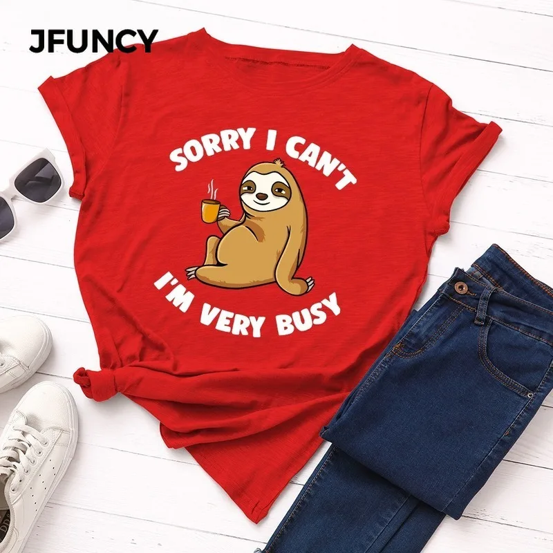 JFUNCY Mùa Hè Nữ 100% Cotton Áo Rời Nữ Tay Ngắn Người Phụ Nữ Áo Thun Ngộ Nghĩnh Giày Lười In TEE Áo Nữ Áo Thun Nữ