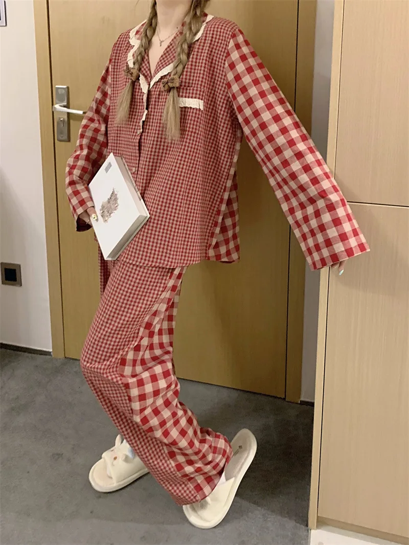 Spring Ladies New Pajamas Homewear Set Girls Korean Plaid Lace Fashion Long-Sleeved Long Pants Student Pajamas Homewear Set