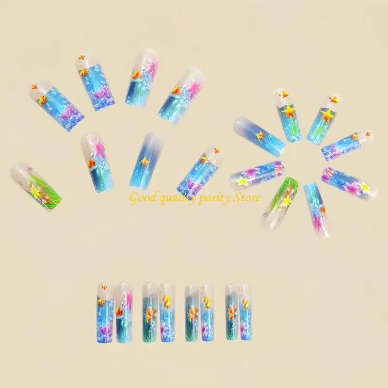 M4YA 24 Stück Langquadrat künstlicher Nagel Frosted Clownfish Französisch Glitzer Abs Party Nagel