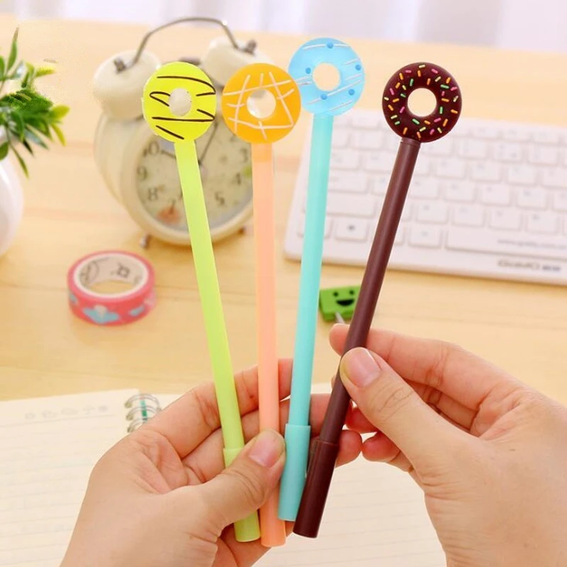 4 Piece Lytwtw's Korean Stationery Sweet Cute Kawaii Doughnut Creative School Office Supplies Gel Pen Donut Handles Lovely Pen