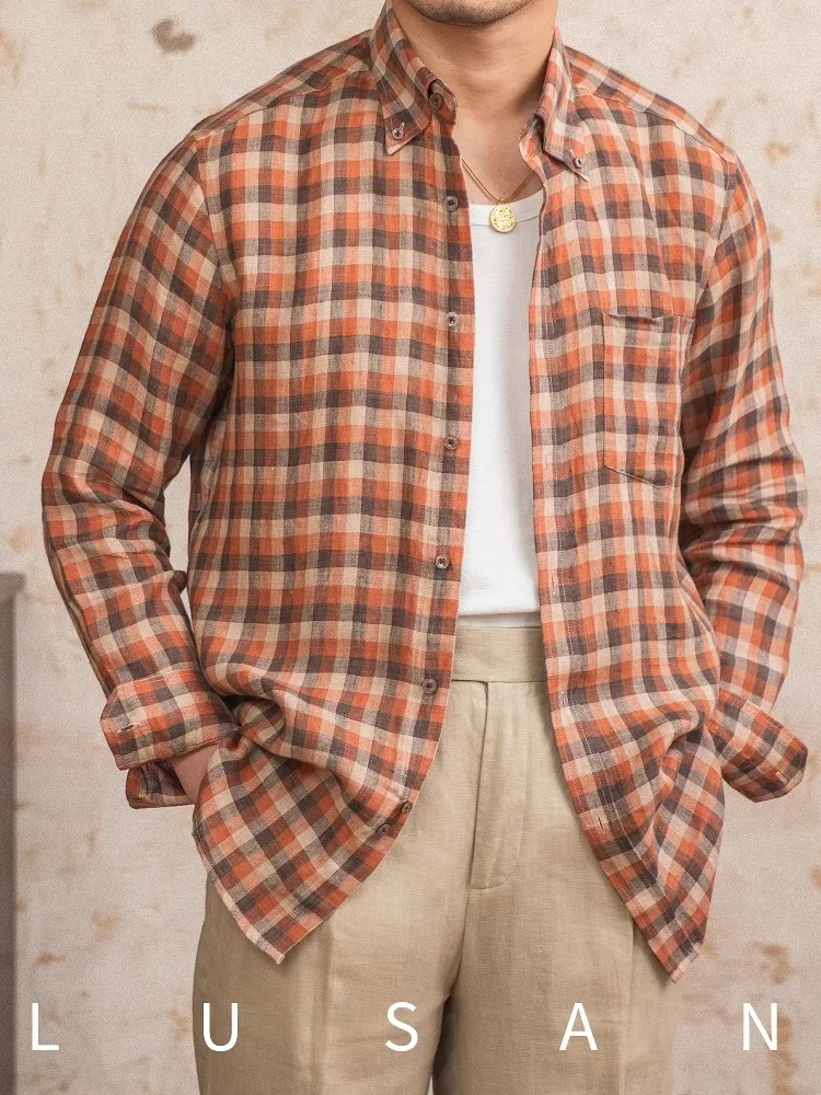 

Men's 100% Linen Shirt - Summer Lightweight Casual Long Sleeve American Retro Checkered Artistic Top