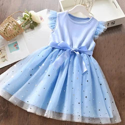 2024 New Butterfly Mesh Flying Sleeve Dress Girls Fashion Dresses Toddler Girls abbigliamento Casual abbigliamento per bambini 1-5Y neonate