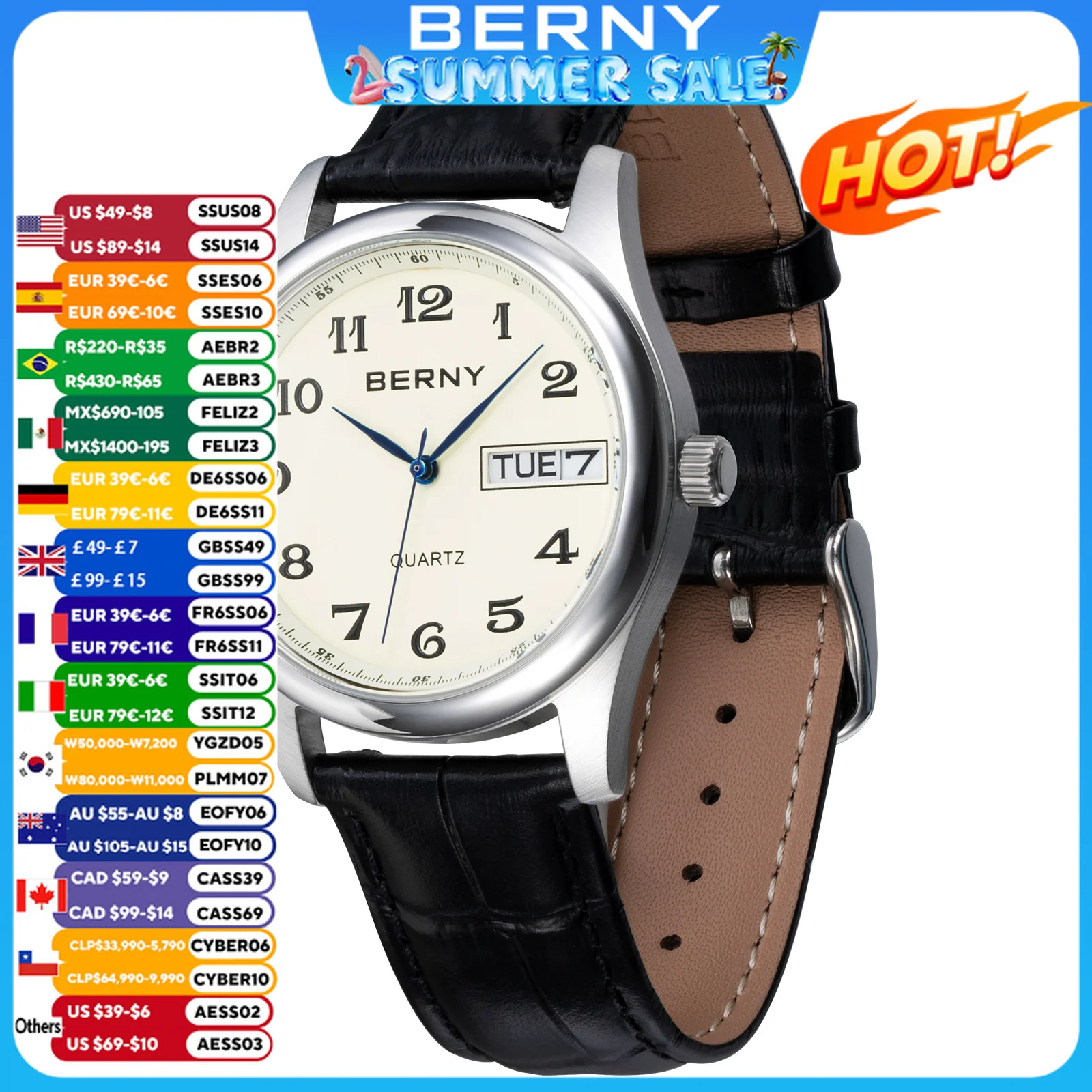 

BERNY Quartz Watch for Men Miyota 2405 Business Male Wristwatch Day Top Calendar Genuine Leather Classic Men Watches Waterproof