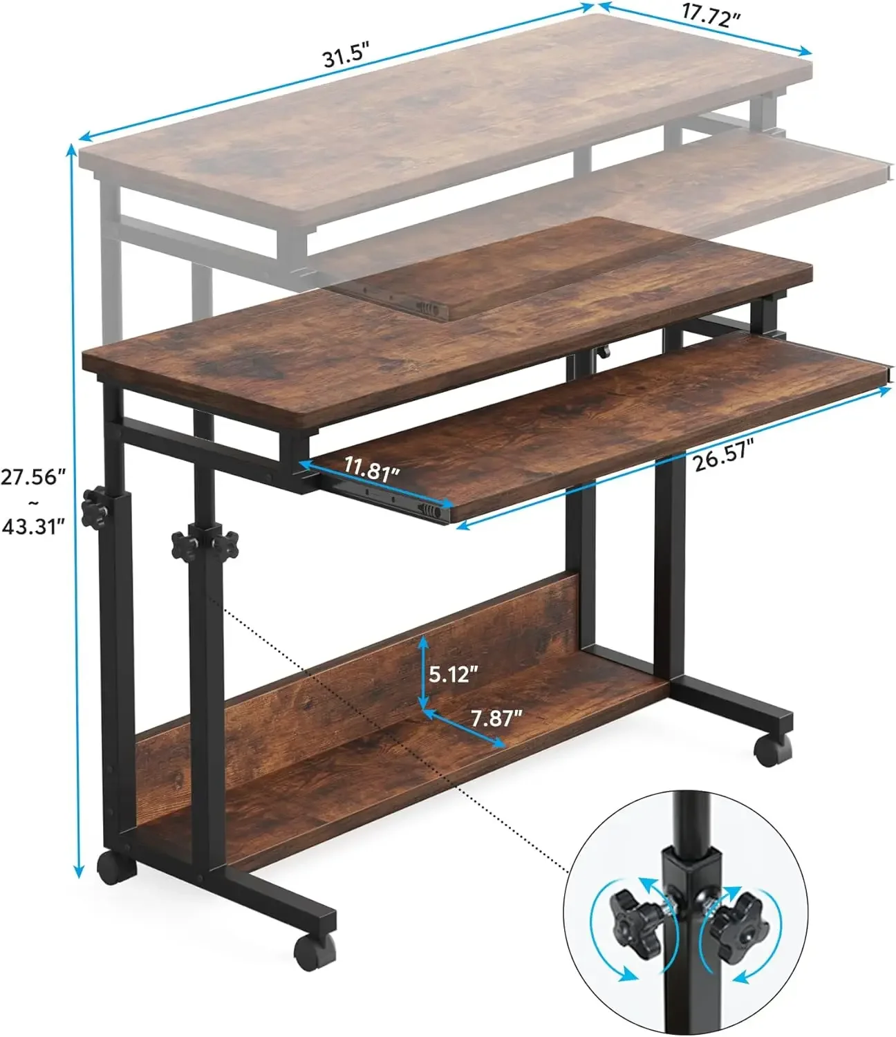 Portable Desk for Sofa and Bed, Height Adjustable Laptop Table Small Standing Desk Rolling Computer Cart with Keyboard Tray