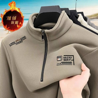 Men's Fleece Liner Sweatshirts Vintage Half Zipper Print Plaid Texture Thick Wool Warm Pullover Luxury Turtleneck Sweatshirts