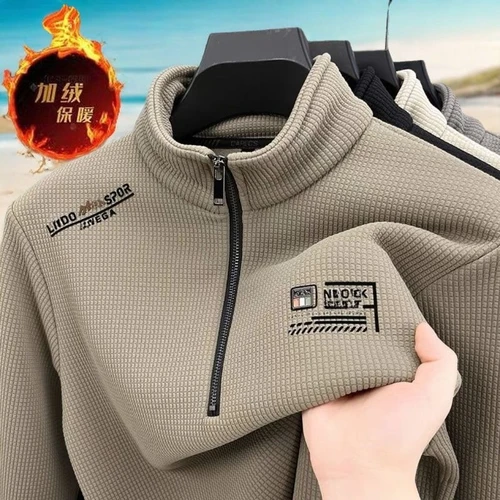 Sudaderas con forro polar para hombre, suéter Vintage con estampado de media cremallera y textura a cuadros, jersey cálido de lana gruesa, sudaderas de cuello alto de lujo