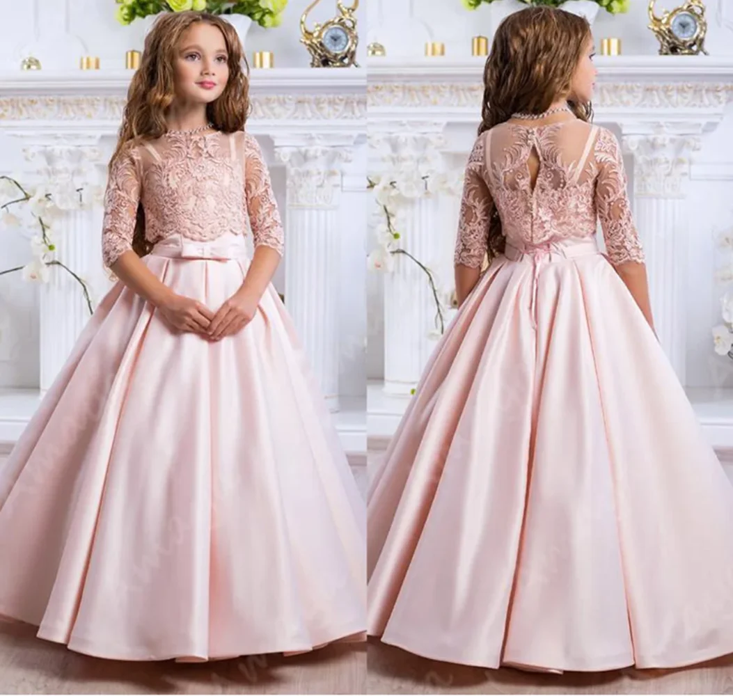 Pink Satin Flower Girl Dress For Wedding Lace Applique Short Sleeve Princess Birthday Party Ball Gown Christmas Pageant Dress