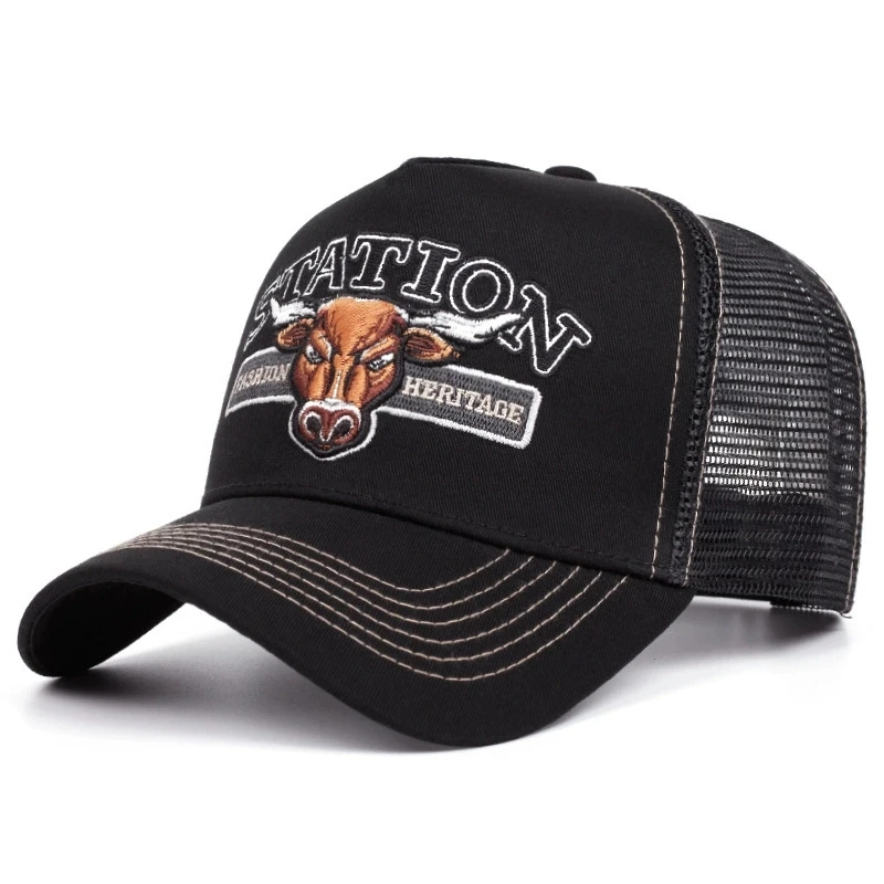 قبعة بيسبول شبكية عالية الجودة مع تطريز بقرة مناسبة للرياضات الخارجية، وظيفة مسامية ومظلة