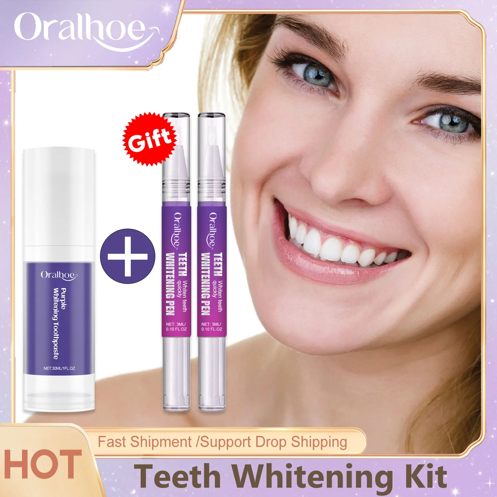 

Teeth Whitening Kit Purple Brightening Toothpaste Teeth Bleaching Gel Oral Care Remove Stains Fresh Breath Tooth Care Products