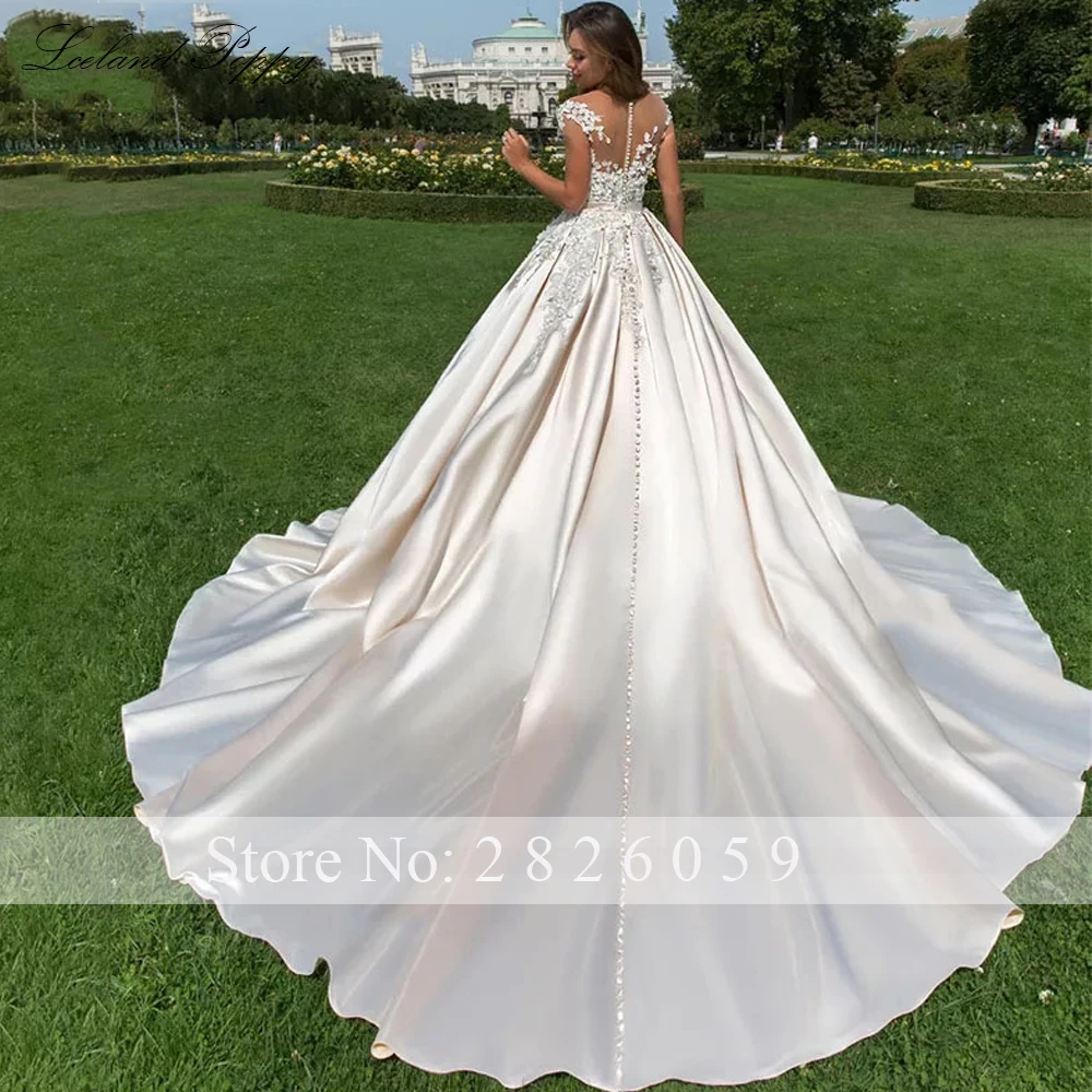 IJsland Poppy Aangepaste Ronde Hals A-lijn Satijnen Trouwjurken Vloerlengte Kapmouwtjes Bruidsjurken met Kathedraalsleep