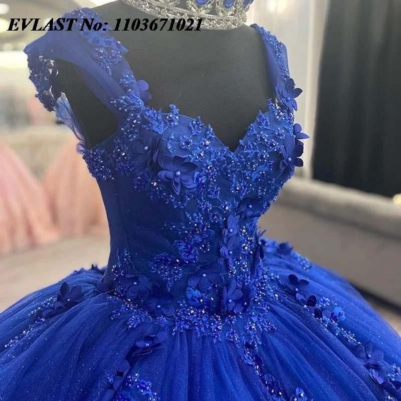 EVLAST messico Royal Blue Quinceanera Dress Ball Gown Lace Applique Beading Crystal corsetto Sweet 16 Vestidos De XV 15 Anos SQ67