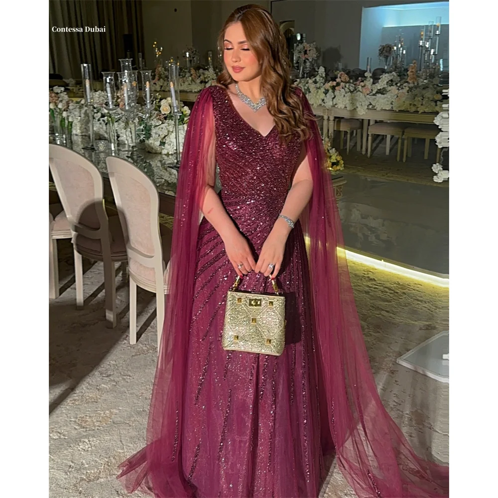 Contessa Dubai Customized Organza Sequin Shawl Prom Dress Floor-Length vestidos de noche Sleeveless Formal Evening فساتين سهرة