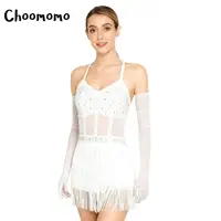 Vestido de leotardo de baile latino con borlas para mujer, Body de malla transparente con diamantes de imitación + conjunto de guantes, Ropa de baile de salón Jazz Cha-cha Tango Salsa