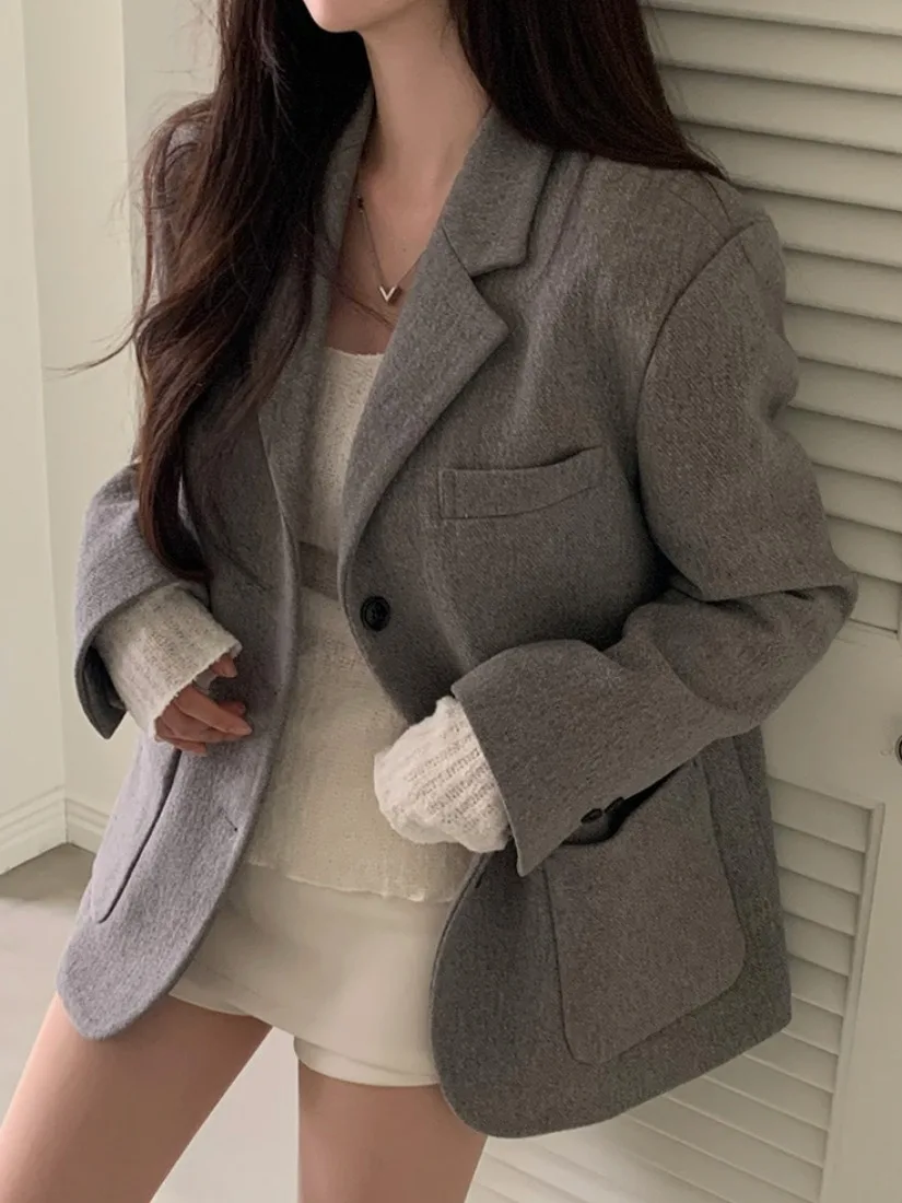 ชุดสูทผ้าขนสัตว์ลำลองแบบเรียบง่าย สีพื้น ดีไซน์หรูหรา สำหรับฤดูหนาว ติดกระดุมสองแถว สำหรับผู้หญิง สไตล์ลำลอง
