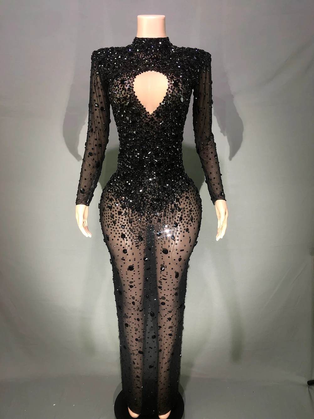 Luxurious Rhinestones  Birthday Celebrate Evening Prom Long Dress for Women Sexy Mesh Singer Show Stage Wear Photo Shoot Dress