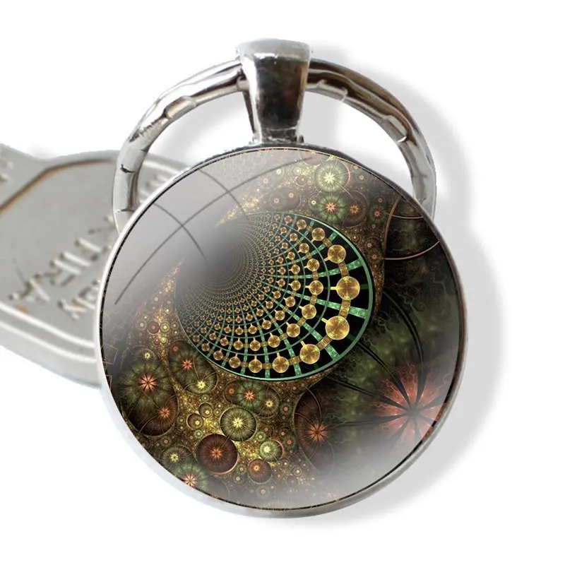 Keychain Glass Cabochon Metal Pendant Classic Men's Women's Keyring Fractal Art Spiral Mathematics Fibonacci