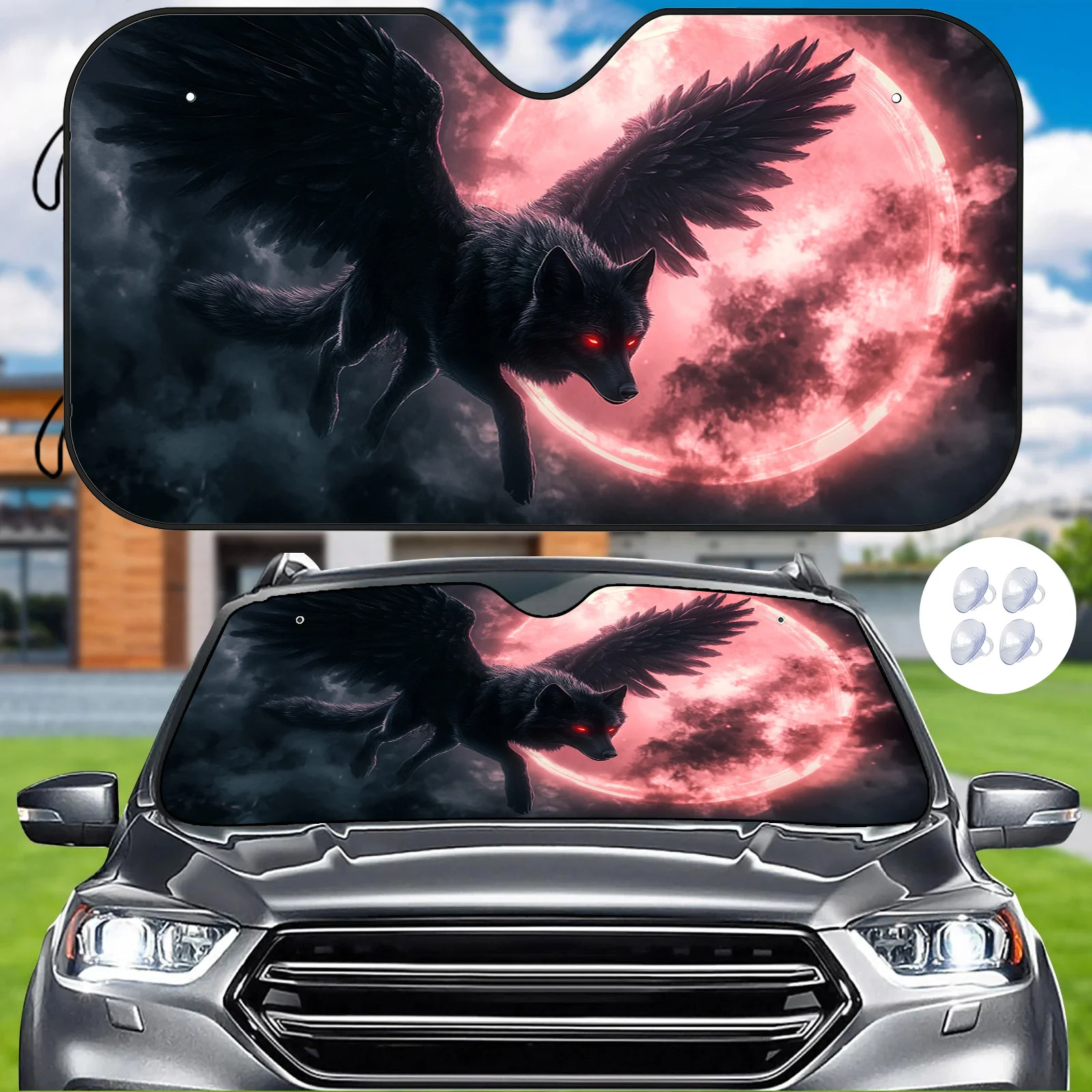 

1 шт. автомобильный солнцезащитный козырек с дизайном «Летающий волк и красная луна» — подходит для термостойкого и царапин, защита от ультрафиолета, чехол на лобовое стекло с регулируемой стойкой