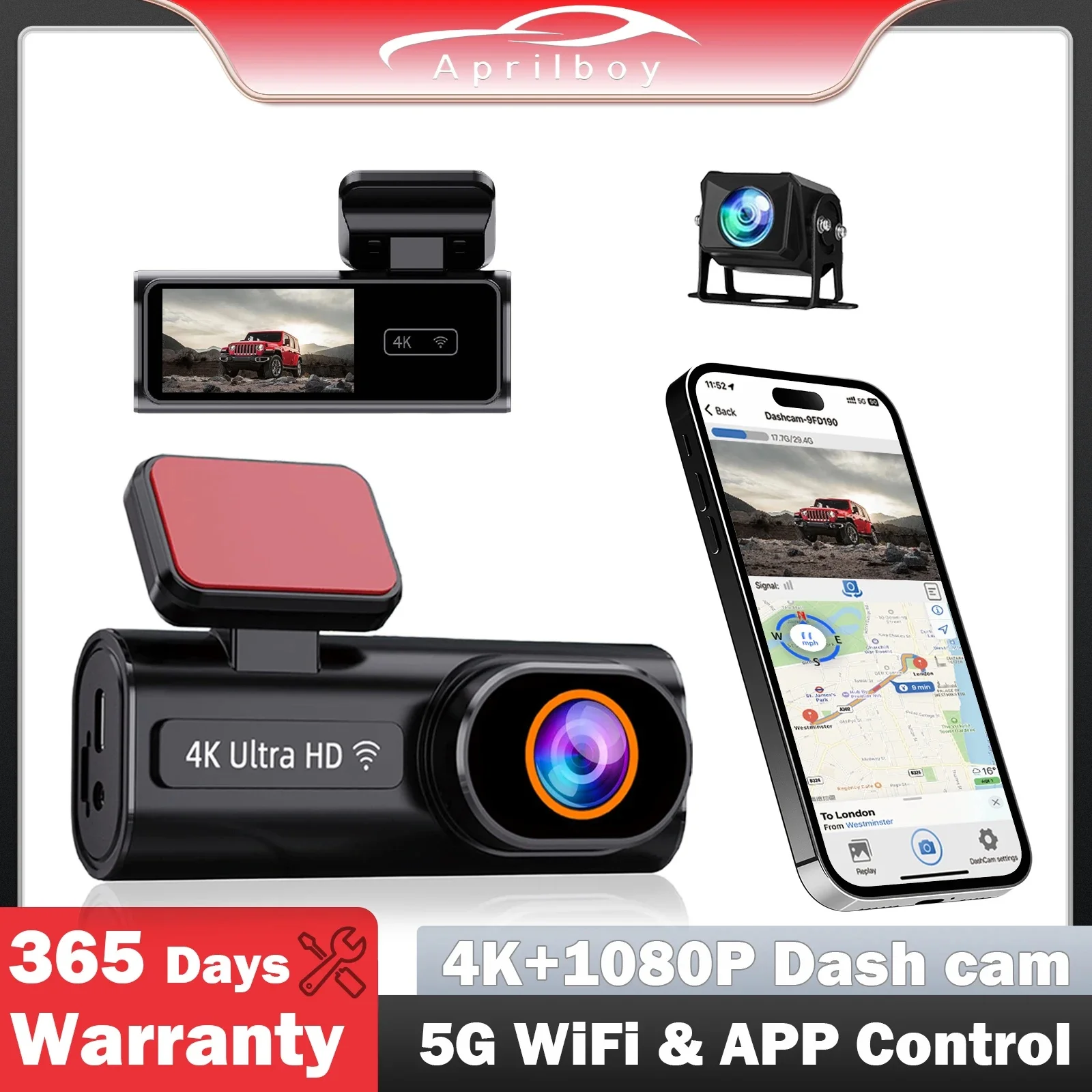 Aprilboy Dash Cam 4K And Rear 1080P UHD Car Camera Built-in WiFi GPS Dual Lens Black Box Room Camera Night Vision Mini Car DVR