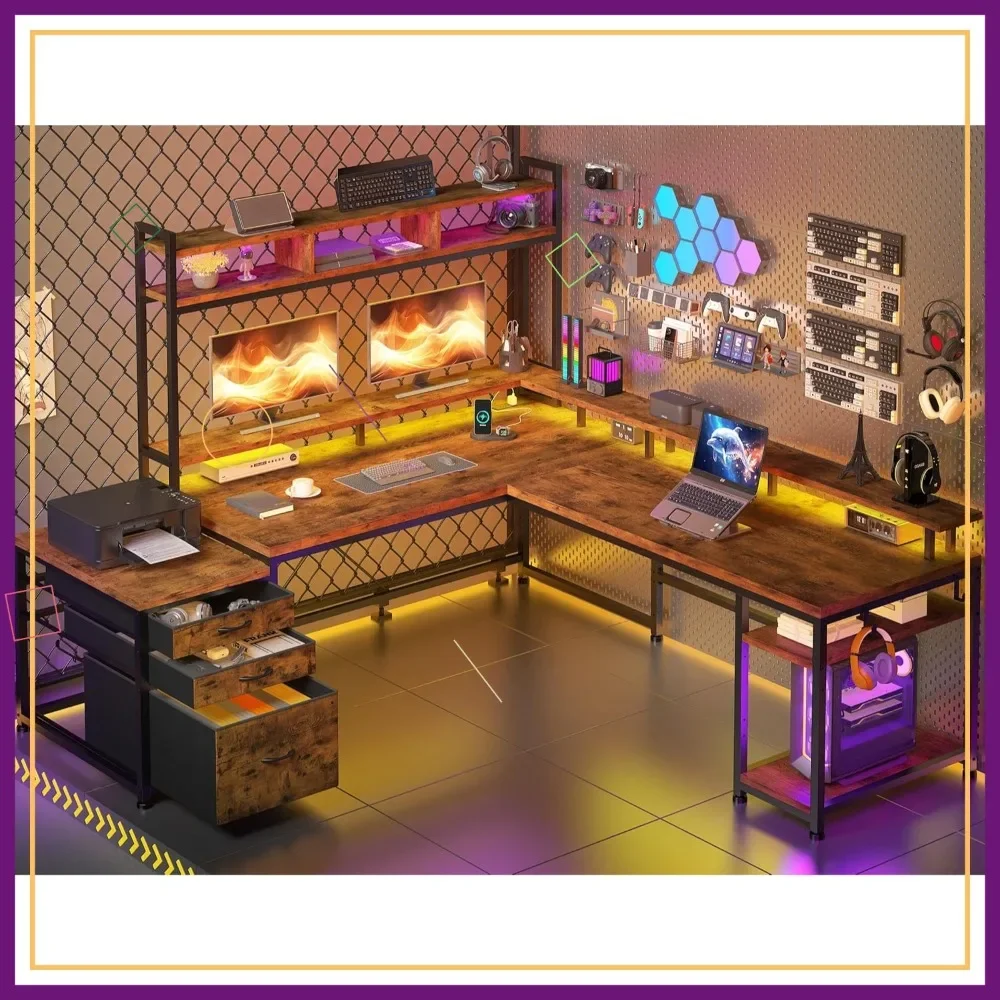 

Игровой стол L-образной формы с выдвижными ящиками, светодиодной подсветкой и розетками - офисный стол в деревенском стиле, коричневый, для двоих