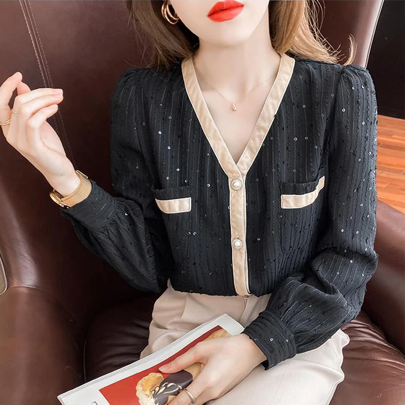 Women\'s Elegant Chic Sequins Pockets Contrast Color Sweet Party Shirts Fashion V Neck Loose Long Sleeve Blouse Top Female Blusas