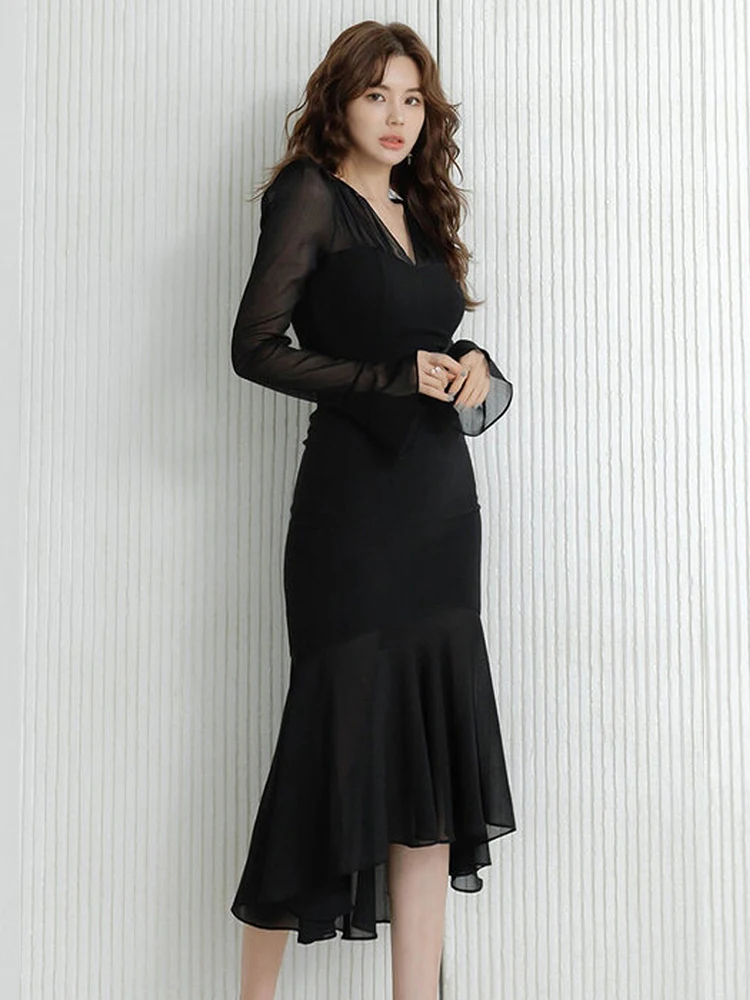 Femmes vêtements décontracté noir transparent Sexy col en v mince Midi robe sirène élégante dames mode soirée bal robes printemps