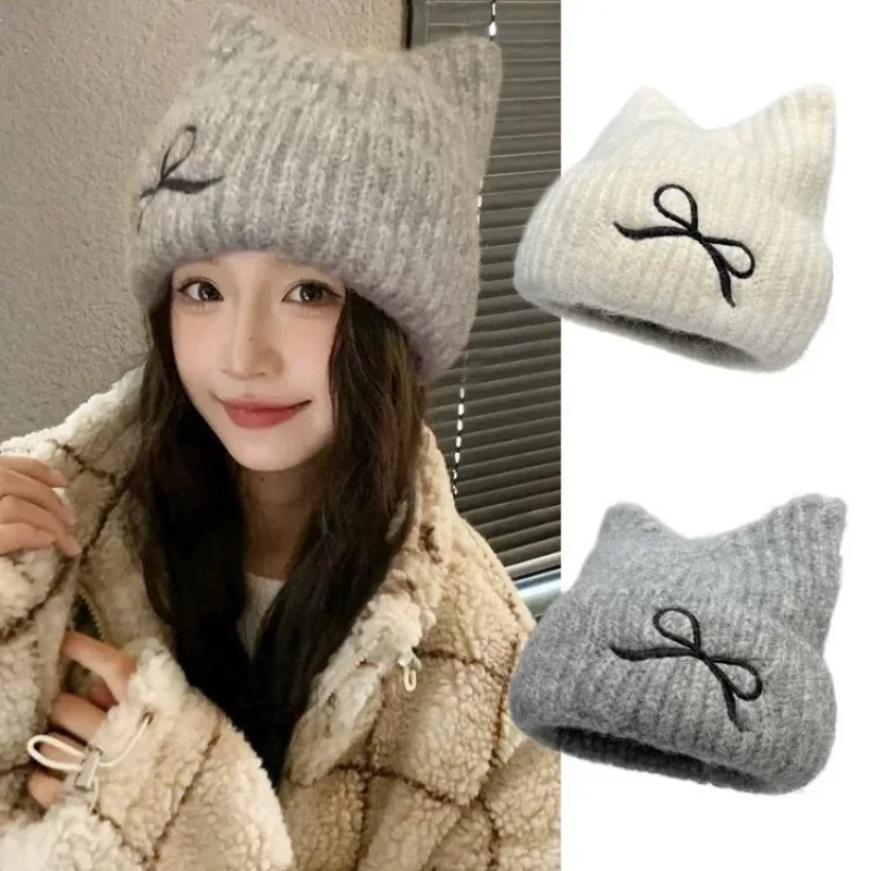 Cute cat ear autumn and winter new style knitted hat winter warm embroidered hat that makes the face look small wool hat
