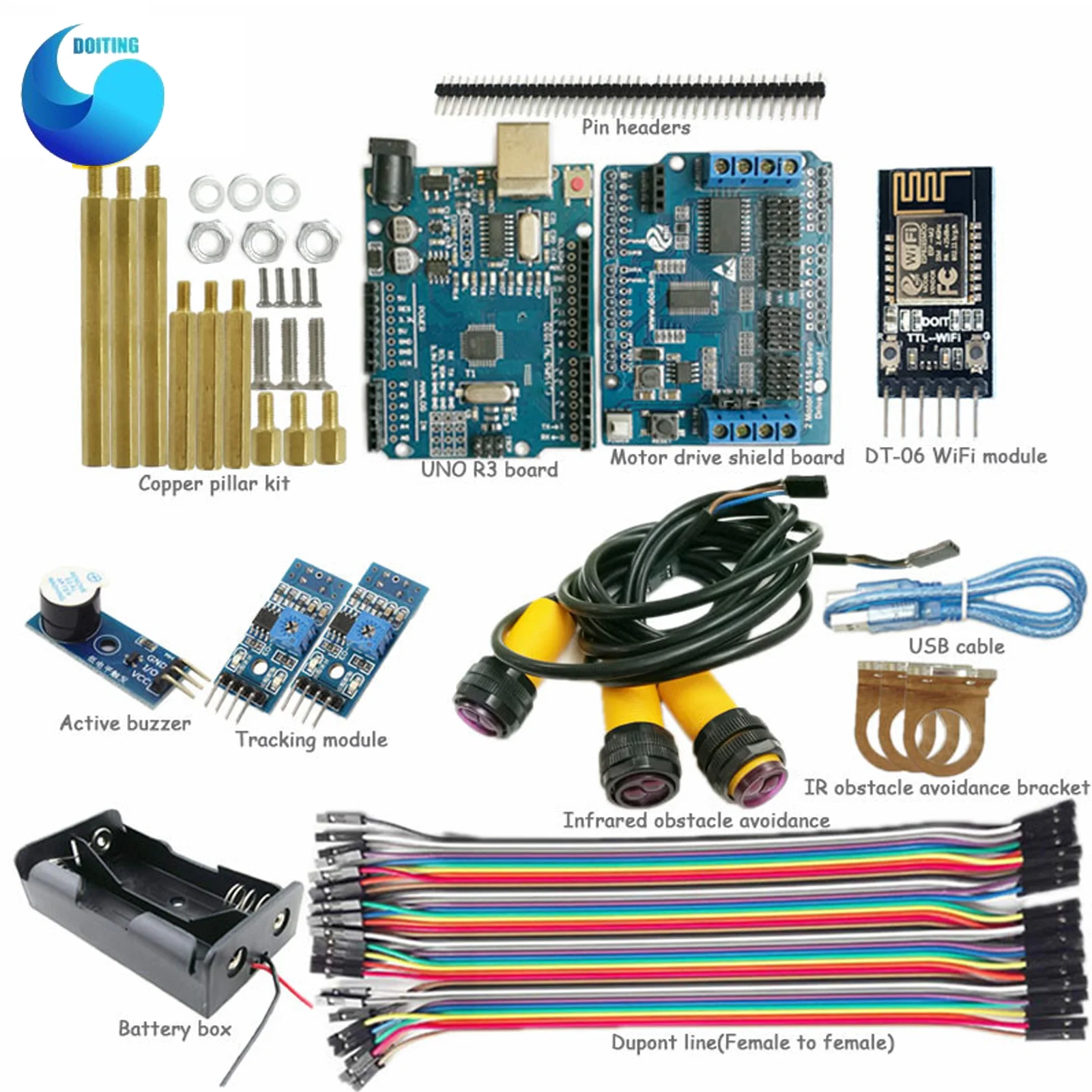 

WiFi Control Kit with UNO R3 Board for Arduino +Motor Drive Shield Board for Tracking Infrared Obstacle Avoidance Arduino RC Kit