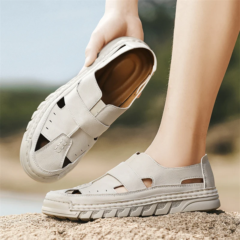 Fashion Brand Men's Comfortable Non Slip Outdoor Sandals Summer New Handmade Men's Hollow Breathable Soft Sole Casual Hole Shoes