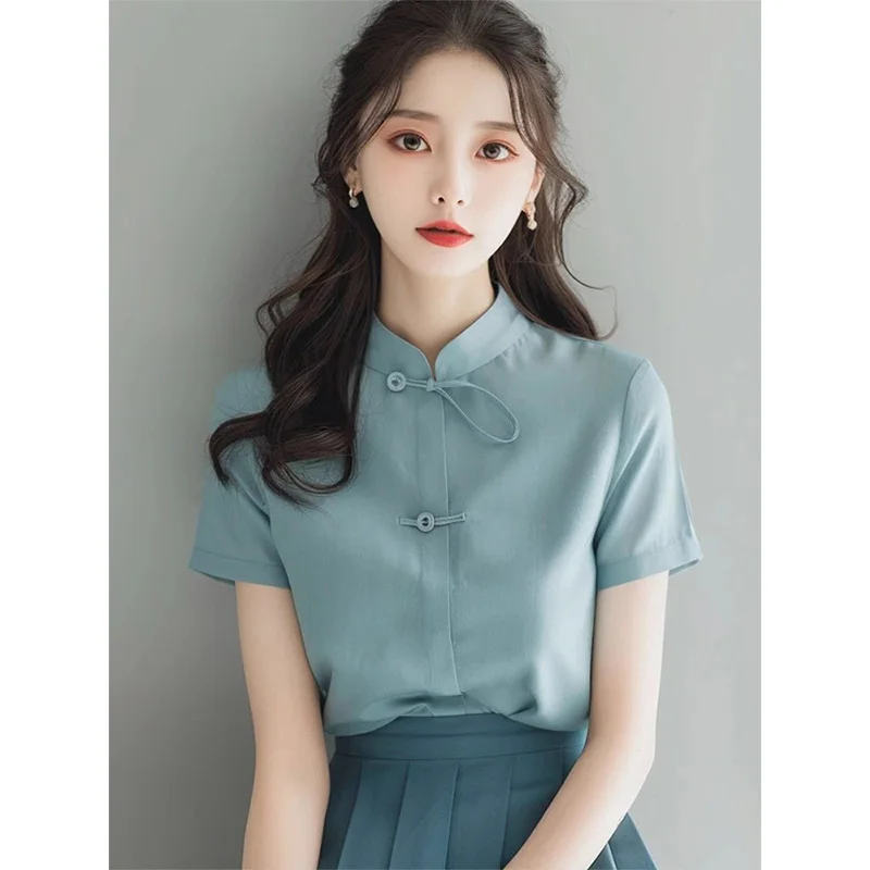 

New Chinese Style Women's Shirt Button Design Summer Unique Stand Collar Short Sleeve Top National Trend Fashionable Ladies' ...