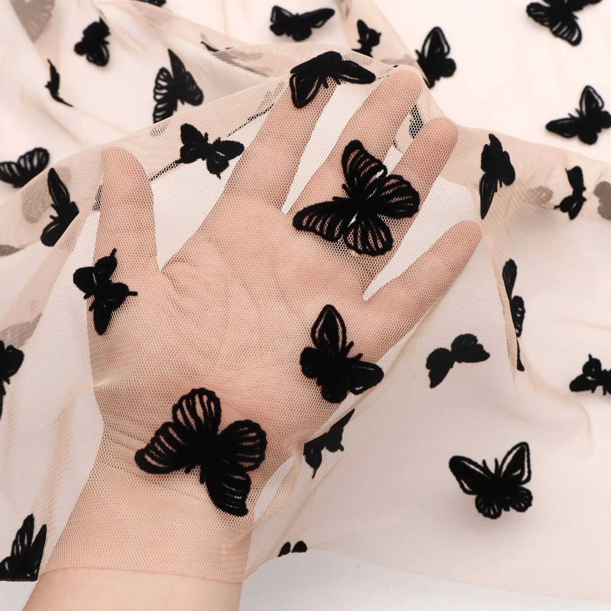 Pre-cut 1pc 62.99x19.68inch(160x50cm) Double Side Flocking Velvet 3D-butterfly Tulle Mesh Gauze Fabric