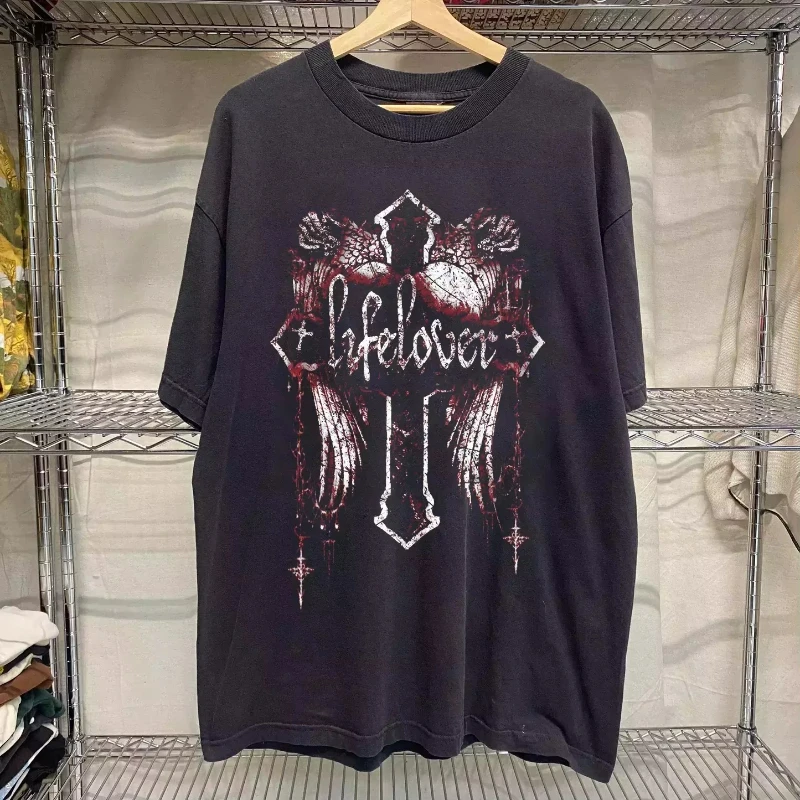 

American Retro Lifelover Band Novel Unisex Black T-shirt Series Oversized T-shirt Men's and Women's Summer Cotton T-shirt