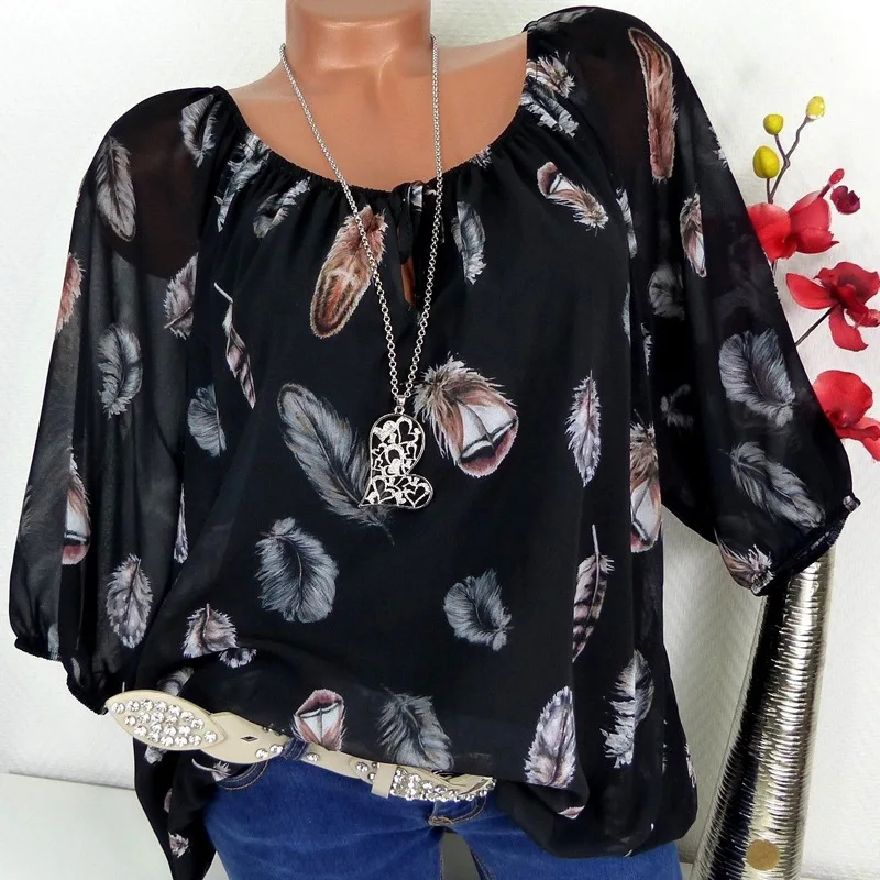 2024 Summer Feather Print Women Blouses V-neck Print Chiffon Blusas Sexy Tee Shirt Casual Blusa Female Shirt