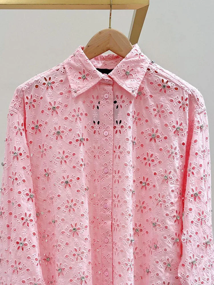 

M Home Nan You High End Women's Spring Sweet Hollow out Embroidery Diamond Pink irt Top Women's Faion Commute Sle