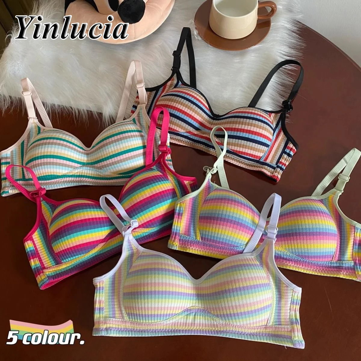 

Lingerie Vintage Rainbow Stripes Bra Gathered Crop Top Underwear Push Up Bras New Summer Daily Soft Elastic Underwear Women