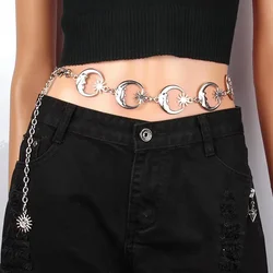 Womens Korean Fashion Belt Hip High Waist Gold Silver Narrow Metal Chain Gothic Moon Silver Pendant Vintage High Waist Chains