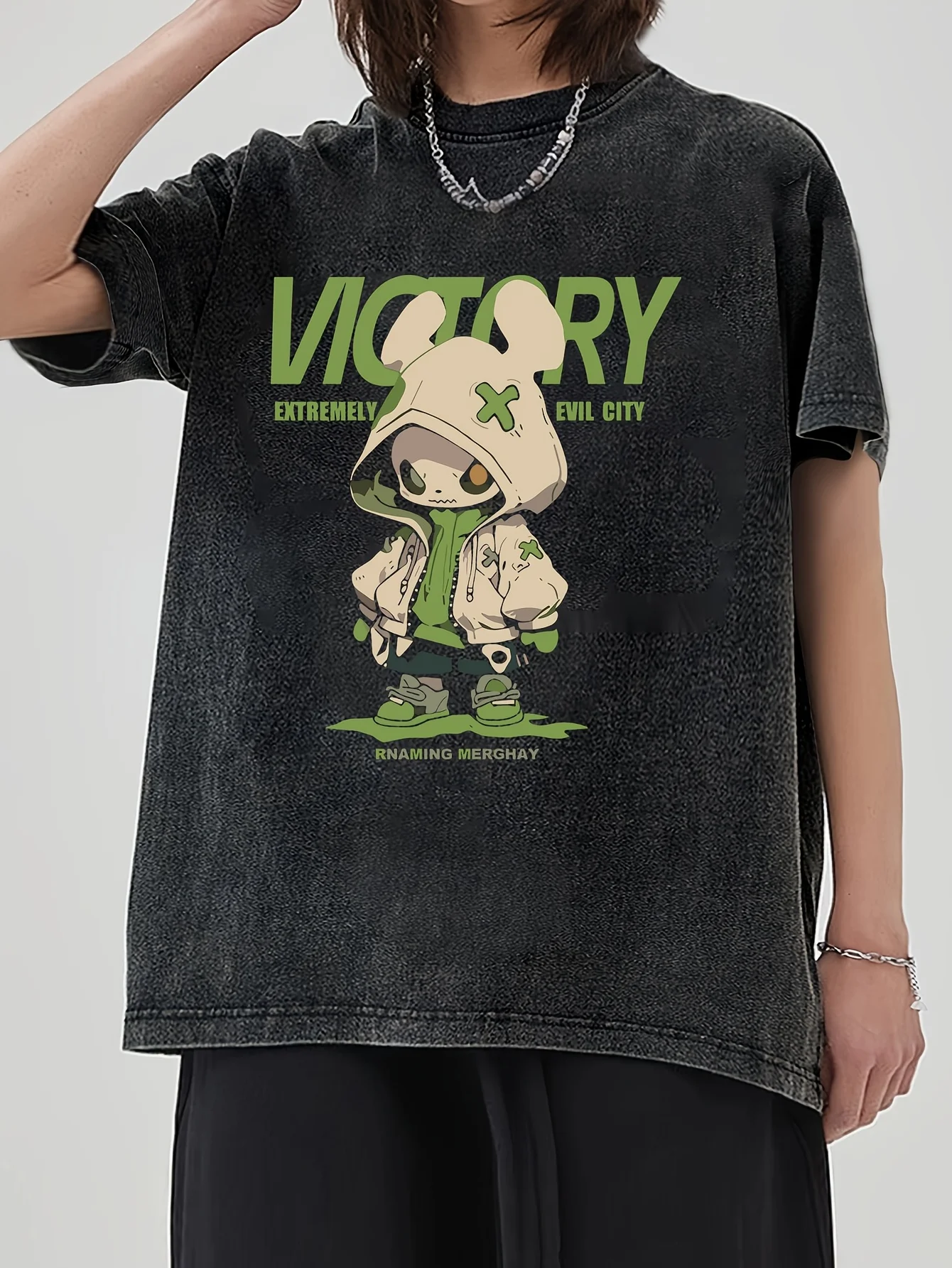 

Женская черная потертая футболка, принт кролика в стиле хип-хоп с рисунком «VICTORY», повседневная футболка в уличном стиле для