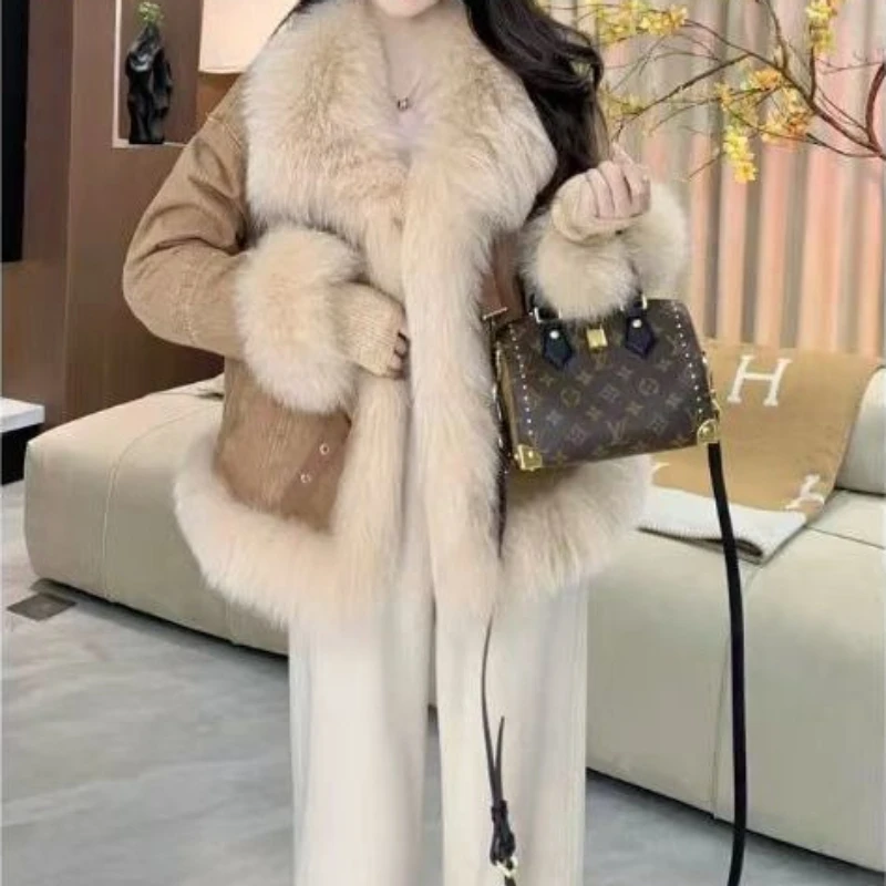 2025 الخريف والشتاء جديد براون كبير الفراء طوق الدنيم أفخم سترة المرأة الفراء المتكاملة سميكة المخملية ملابس قطنية #2