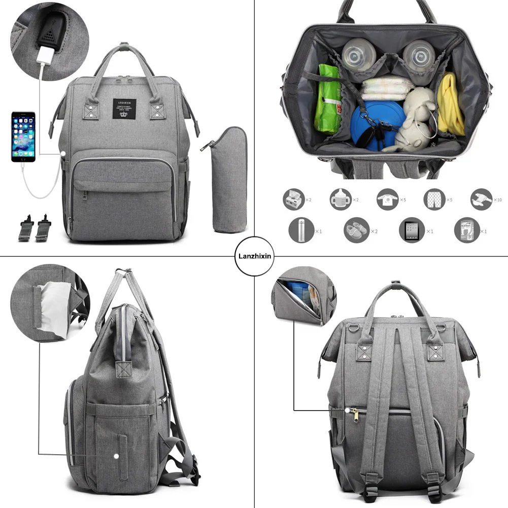 LEQUEEN-Bolsa de pañales de Color puro para hombre, bolsa de pañales para el cuidado del bebé, de gran capacidad 44CM, impermeable, mochila USB para exteriores, bolsa de viaje