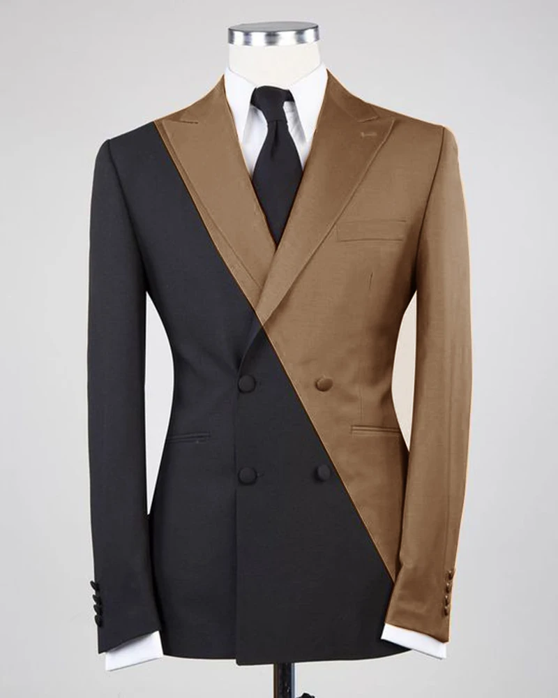 ชุดสูทผู้ชายแบบลำลอง ดีไซน์ต่อผ้า ทรงปกติ 2 ชิ้น เสื้อเบลเซอร์และกางเกง ชุดสูทดีไซน์ทันสมัยสำหรับผู้ชาย ดูดีมีสไตล์